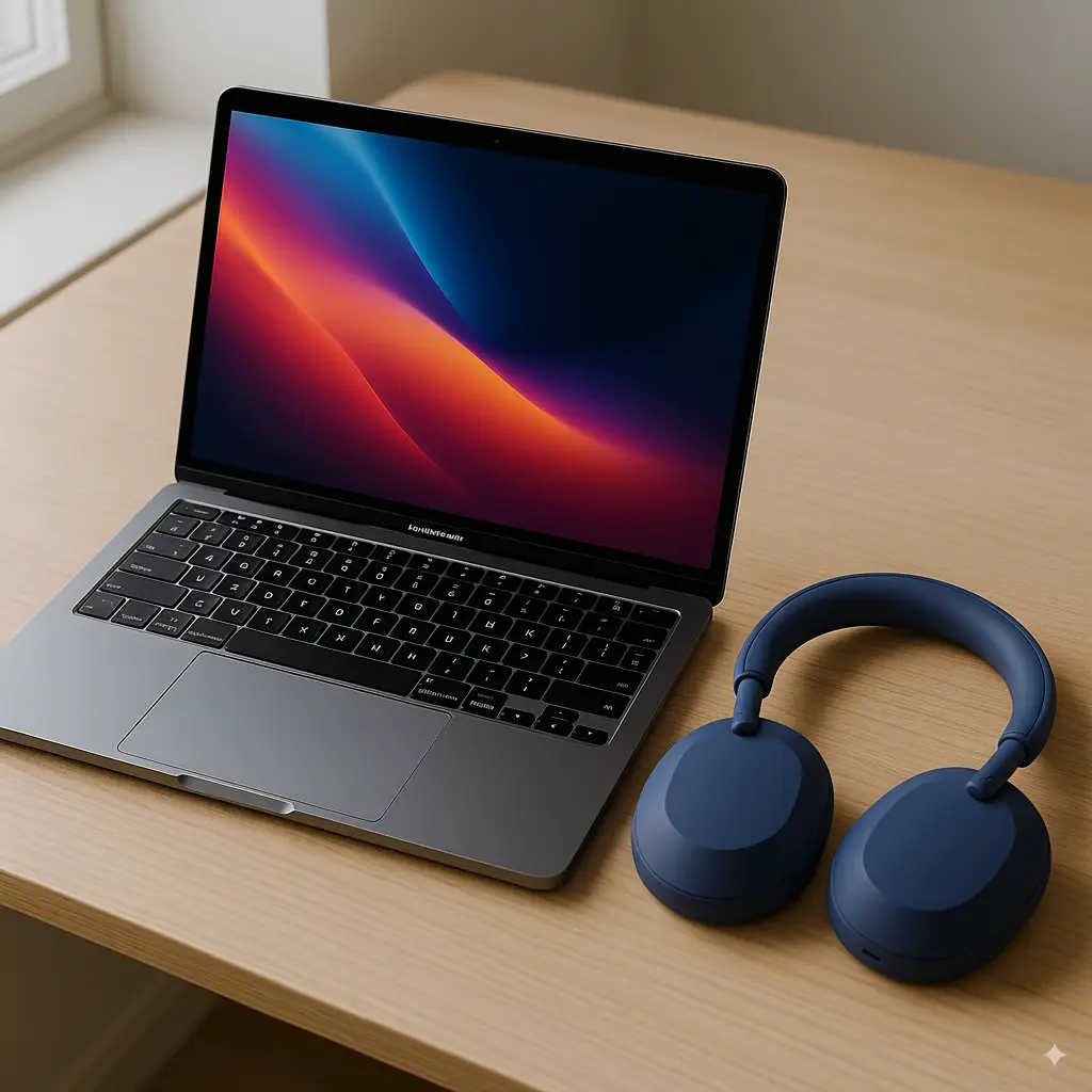 MacBook Pro and Sony WH-1000XM5 setup