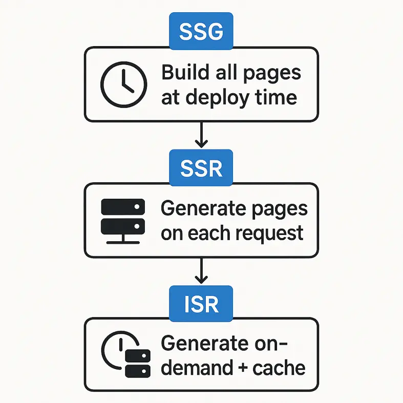 A flowchart diagram showing three paths: SSG (Build all pages at deploy time), SSR (Generate pages on each request), and ISR (Generate on-demand + cache), with icons showing clocks and server symbols